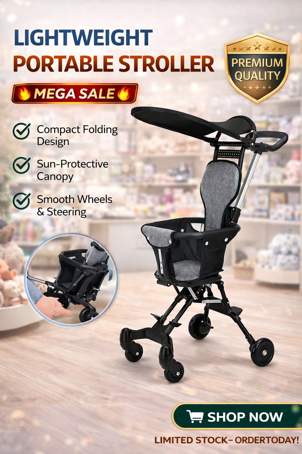 A compact and lightweight baby stroller with smooth wheels and easy folding design.