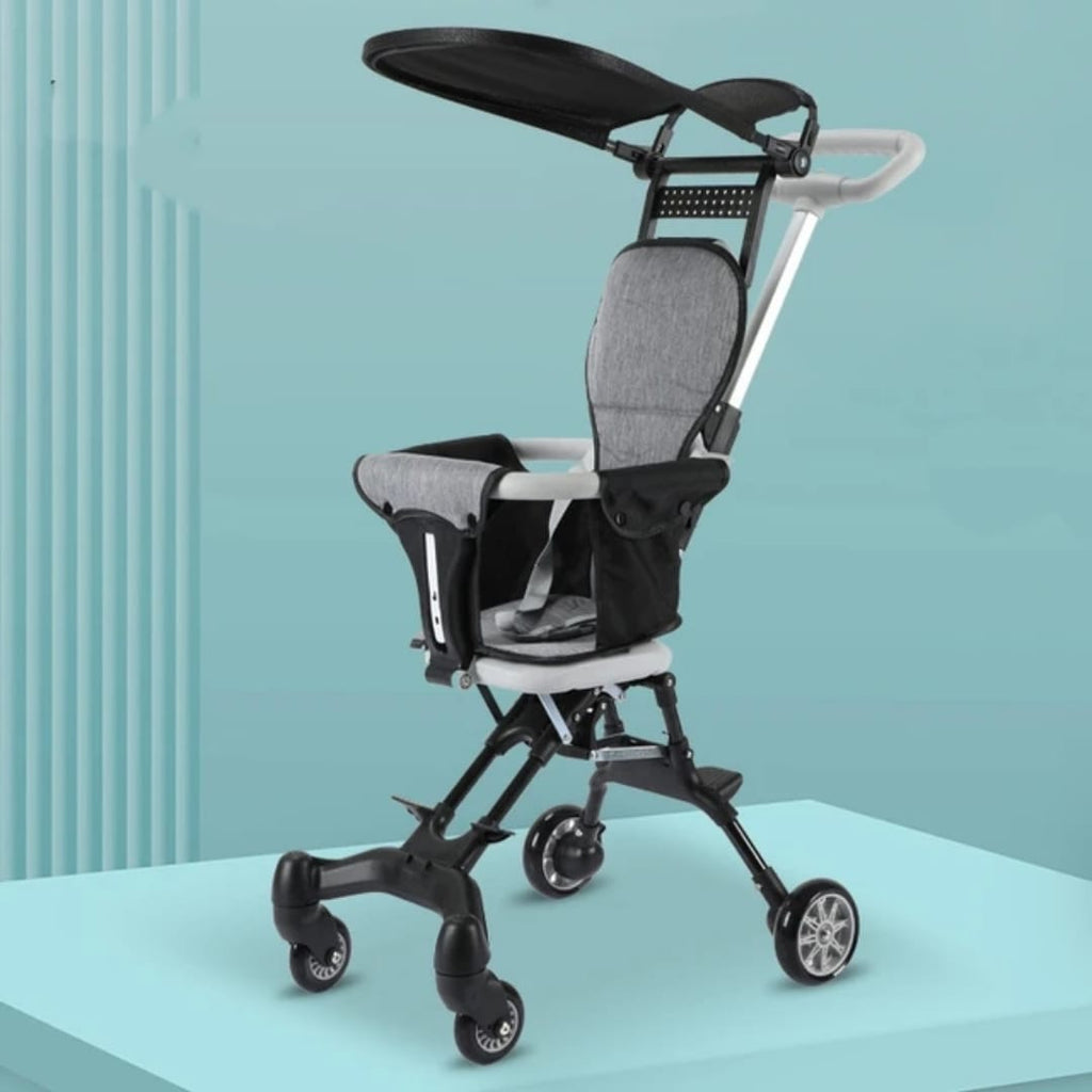 A compact and lightweight baby stroller with smooth wheels and easy folding design.