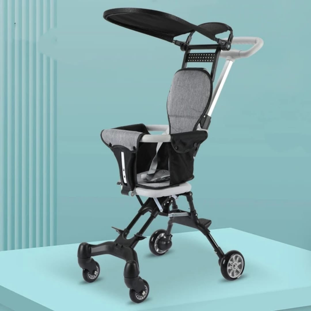 A compact and lightweight baby stroller with smooth wheels and easy folding design.