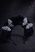 Black Faux Fur Headband for Girls – Fluffy Winter Hairband with Plaid Butterflies – Monochrome Checkered Butterfly Statement Headpiece – Toddler and Kids Boutique Accessory