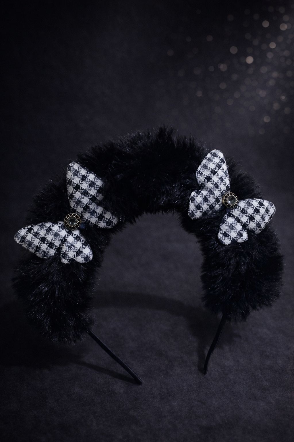 Black Faux Fur Headband for Girls – Fluffy Winter Hairband with Plaid Butterflies – Monochrome Checkered Butterfly Statement Headpiece – Toddler and Kids Boutique Accessory