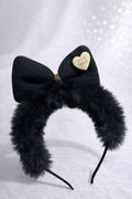 Black Faux Fur Headband for Women and Girls – Fluffy Winter Hairband with Ribbed Bow – Plush Puffy Statement Headpiece – Cozy Heart-Adorned Boutique Hair Accessory