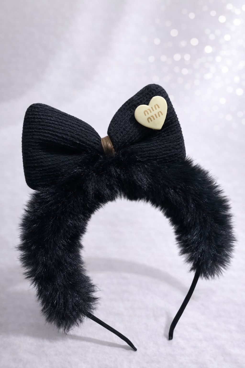 Black Faux Fur Headband for Women and Girls – Fluffy Winter Hairband with Ribbed Bow – Plush Puffy Statement Headpiece – Cozy Heart-Adorned Boutique Hair Accessory