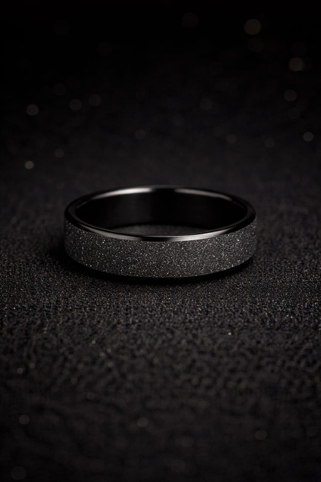 The "Midnight Stardust" Men's Ring – Sleek Black Band with Textured Sandblast Finish – High-Polish Beveled Edges – Contemporary Masculine Statement Ring
