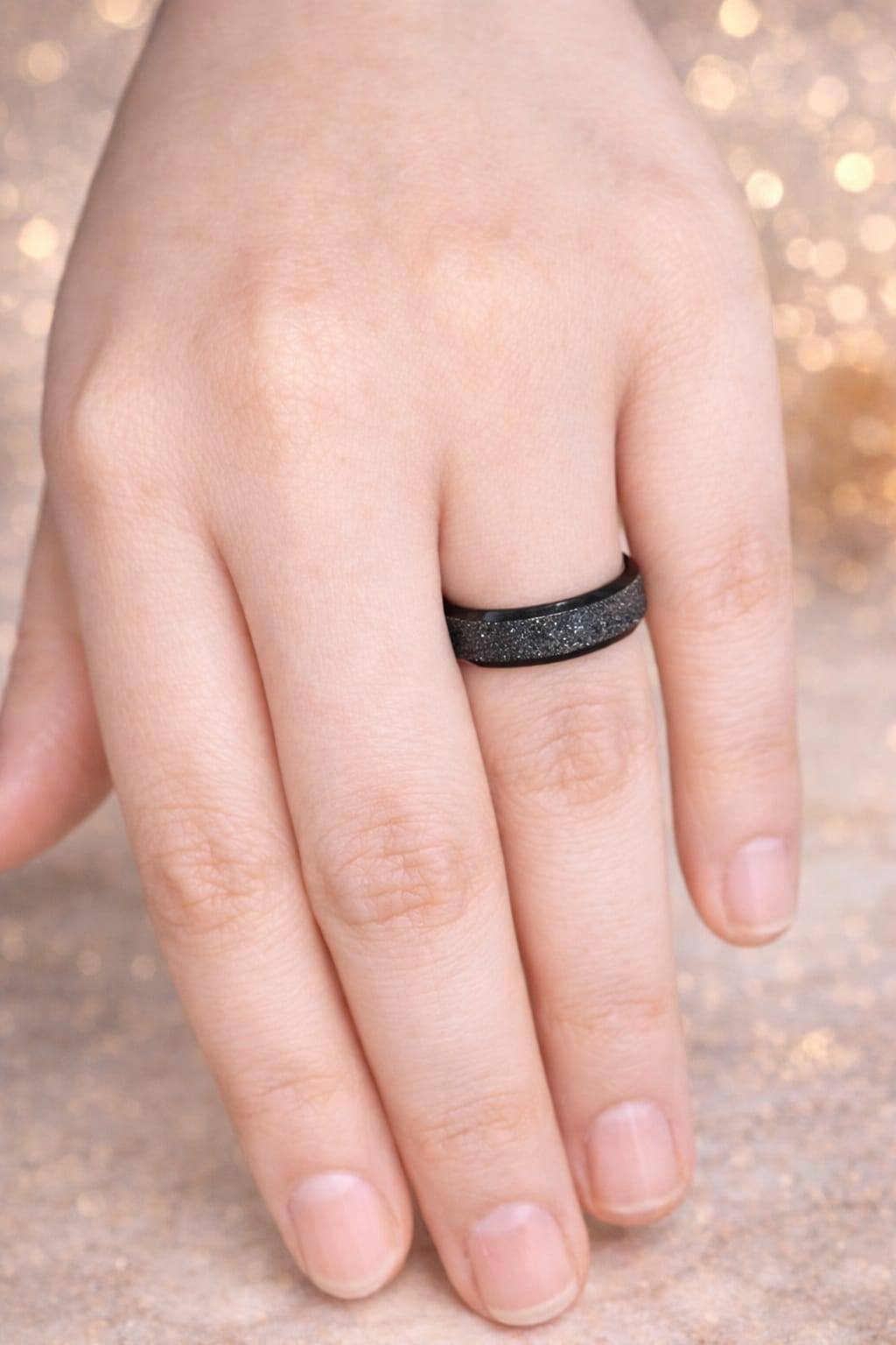 The "Midnight Stardust" Men's Ring – Sleek Black Band with Textured Sandblast Finish – High-Polish Beveled Edges – Contemporary Masculine Statement Ring