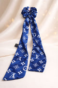 Royal Blue Silk Hair Scarf with Scrunchie – Designer Style Monogram Ponytail Scarf – Luxury Satin Ribbon Hair Tie – Sophisticated Blue and White Patterned Hair Accessory for Women