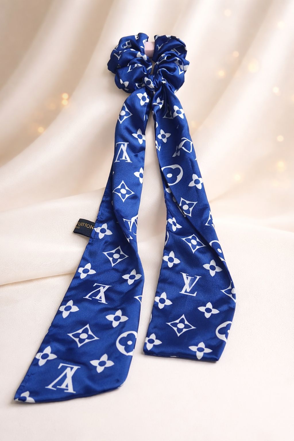 Royal Blue Silk Hair Scarf with Scrunchie – Designer Style Monogram Ponytail Scarf – Luxury Satin Ribbon Hair Tie – Sophisticated Blue and White Patterned Hair Accessory for Women