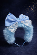 Girls' Blue Faux Fur Headband – Fluffy Winter Hairband with Iridescent Butterflies – Plush Puffy Statement Headpiece – Cozy Heart-Gem Boutique Accessory