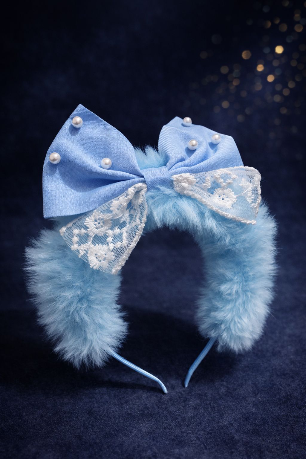 Girls' Blue Faux Fur Headband – Fluffy Winter Hairband with Iridescent Butterflies – Plush Puffy Statement Headpiece – Cozy Heart-Gem Boutique Accessory