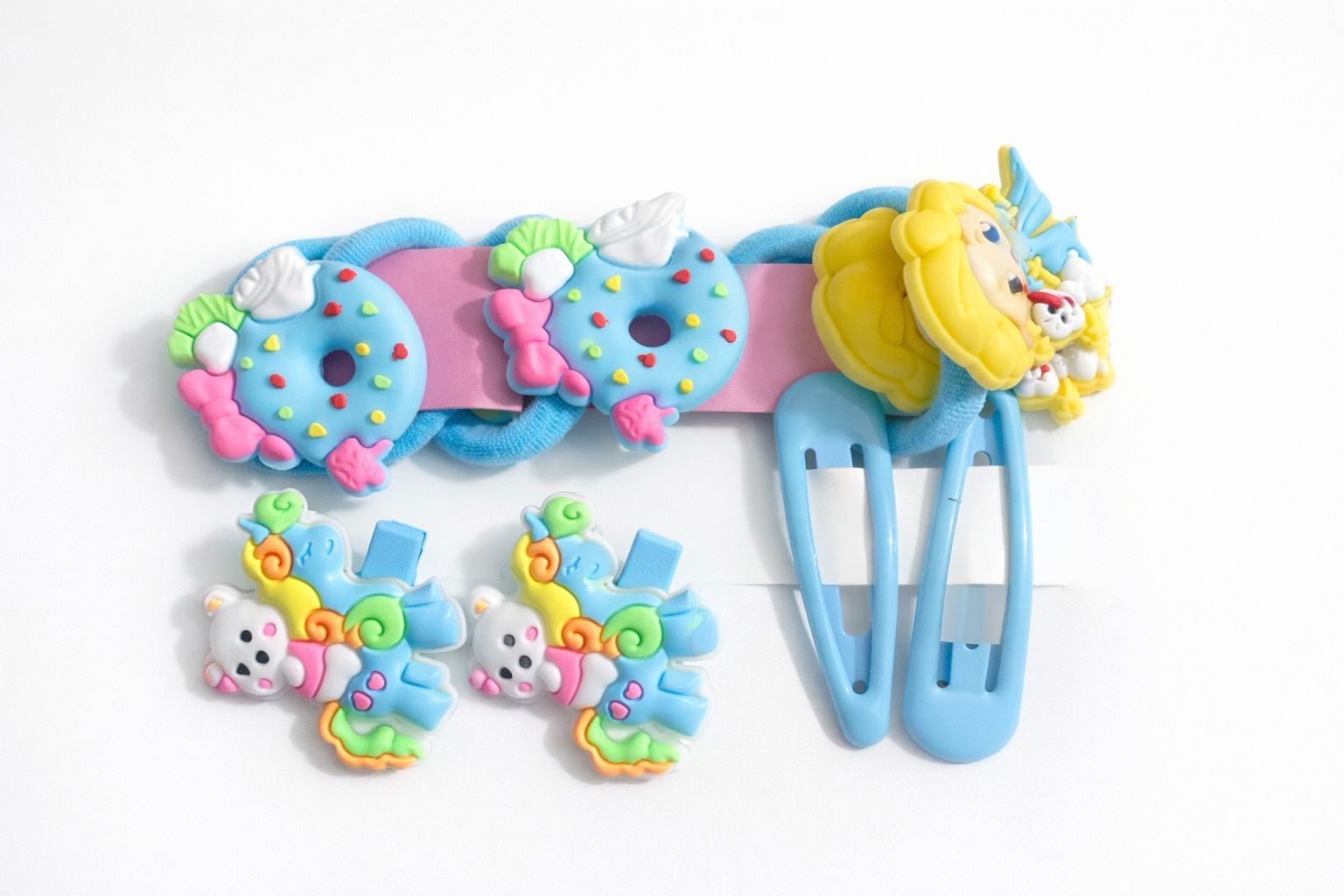 Vibrant 8-Piece Sweet Treats & Toy Box Hair Accessory Set – Handcrafted Donut, Doll, & Bear Kit