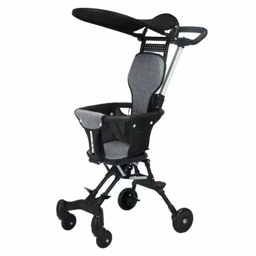 A compact and lightweight baby stroller with smooth wheels and easy folding design.