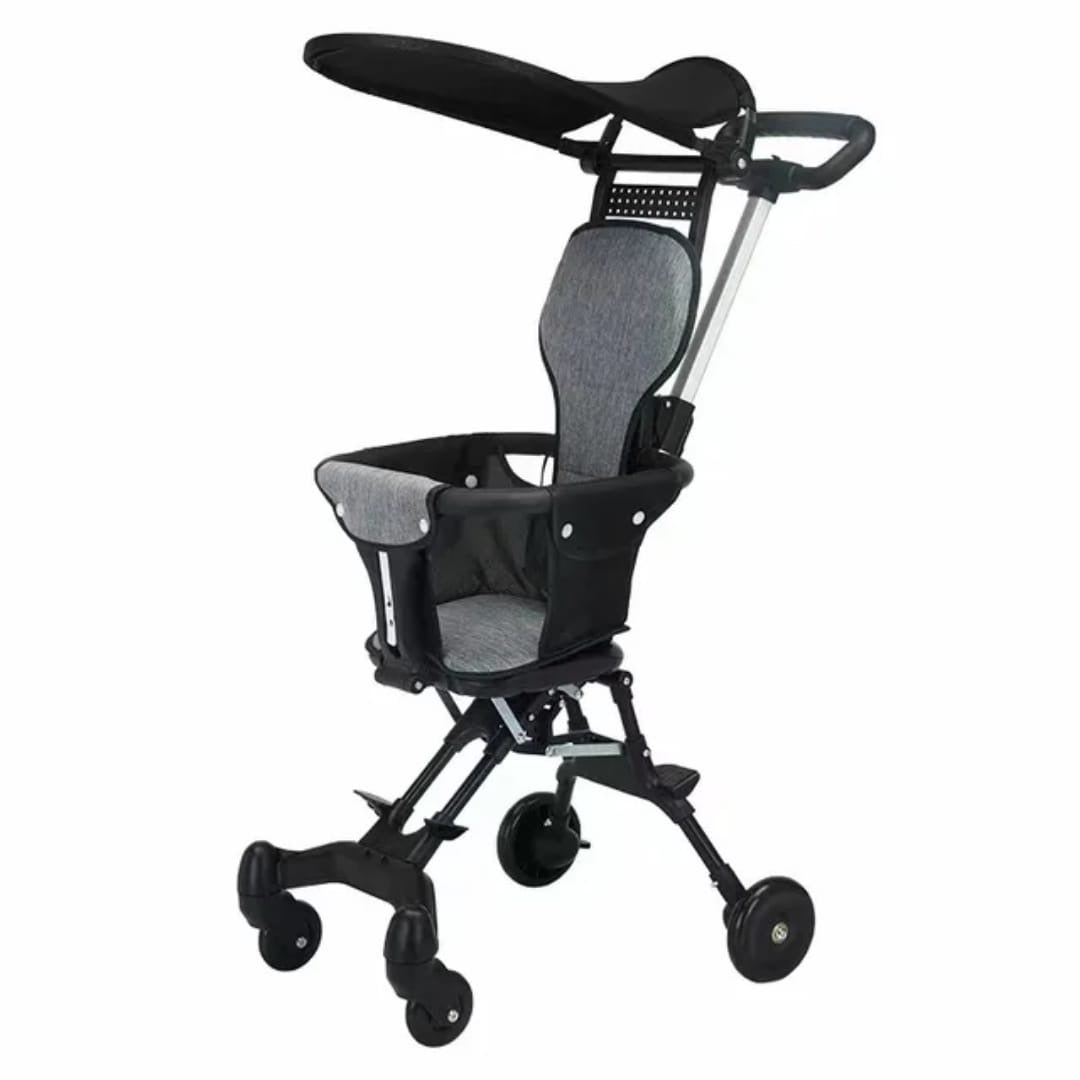 A compact and lightweight baby stroller with smooth wheels and easy folding design.