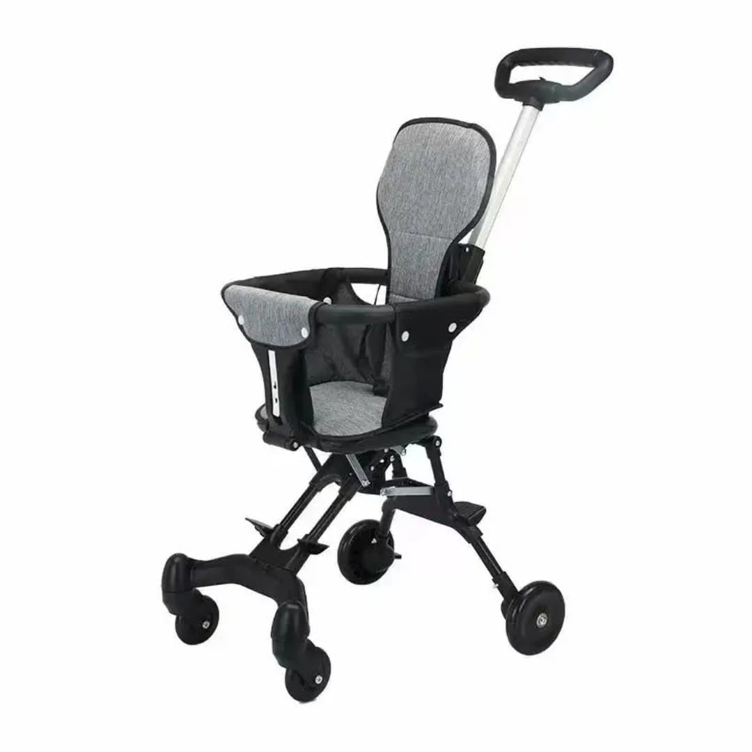 A compact and lightweight baby stroller with smooth wheels and easy folding design.