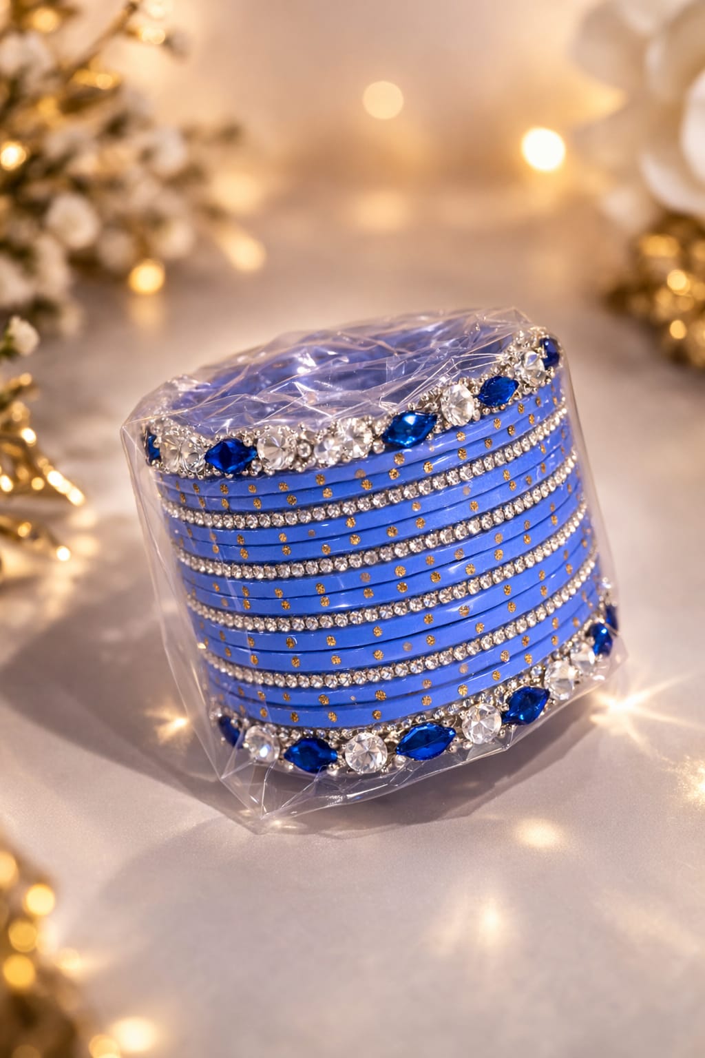 Royal Azure Bridal Bangle Collection – Exquisite Blue & Silver Stone-Encrusted Jewelry Set – Traditional Ethnic Wristwear for Parties and Special Occasions – Gift Set for Her