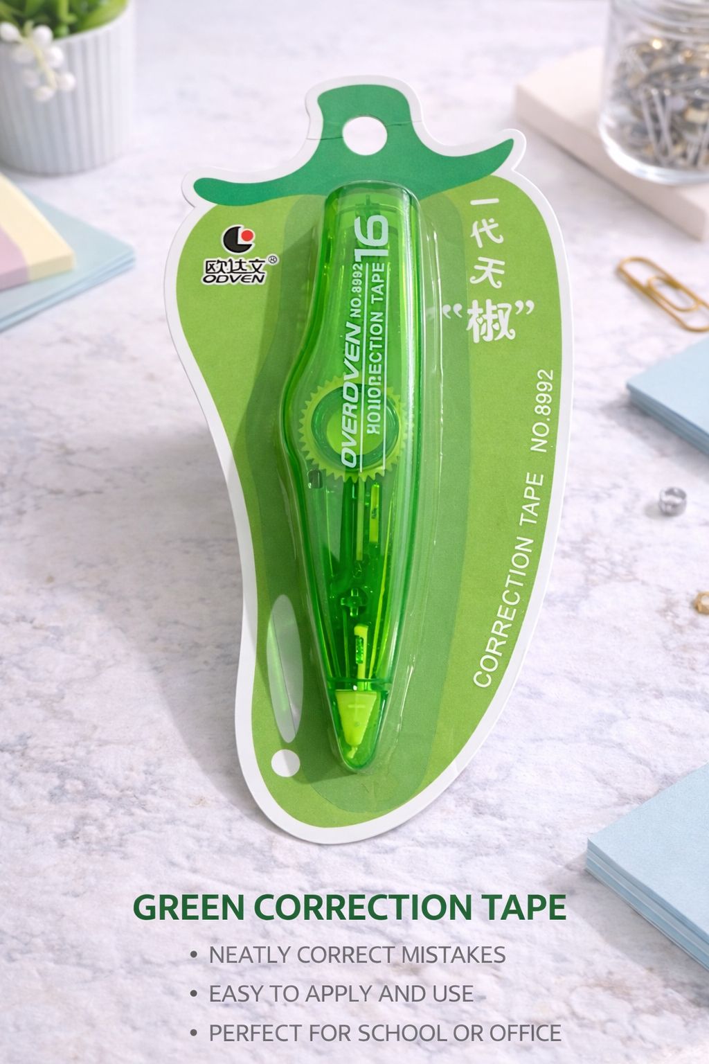 Chili-Shaped Precision Correction Tape – Neon Green Ergonomic Correction Pen