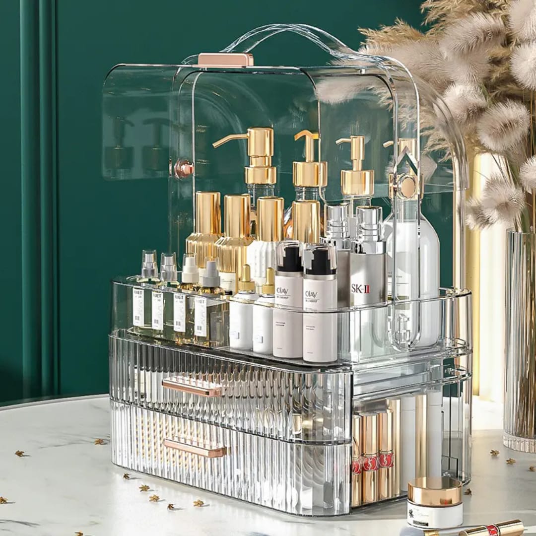 Luxury Acrylic Makeup & Skincare Organizer – Large Capacity Dust-Proof Vanity Storage Box