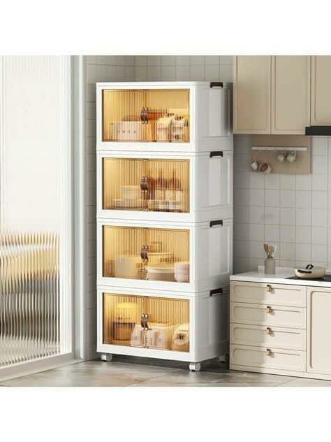 Large Capacity Mobile Pantry Organizer – Translucent Amber Door Storage Rack for Kitchen & Home