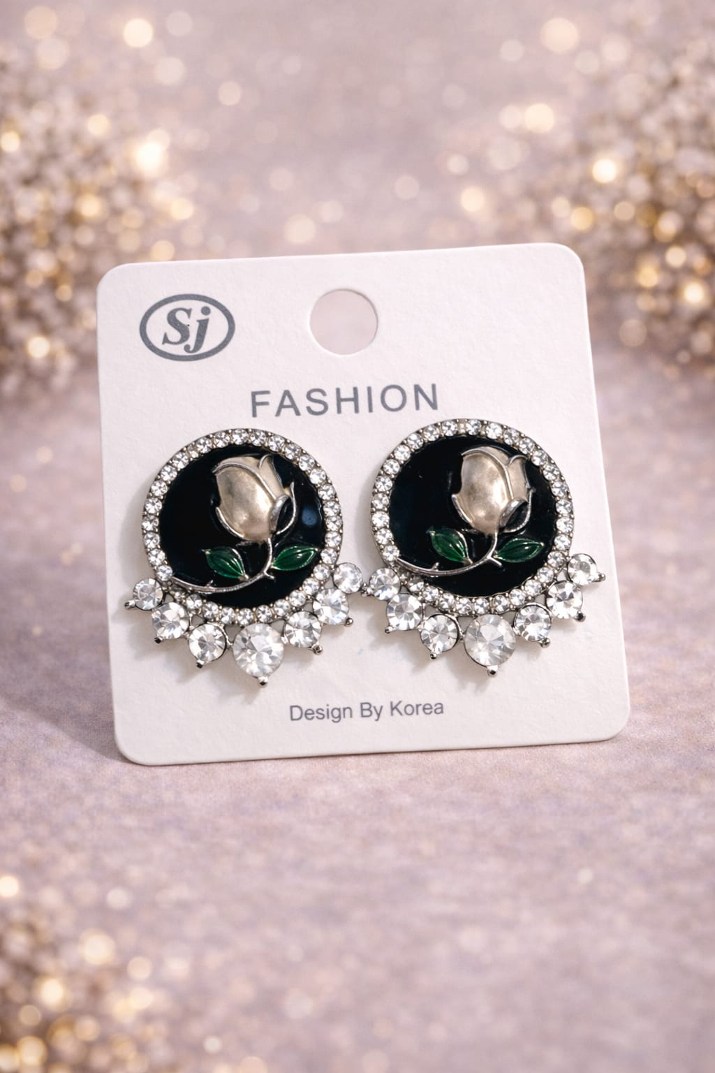 Vintage-Style Crystal Rose Stud Earrings – Elegant Enamel Flower Earrings with Rhinestone Halo – Korean Fashion Jewelry for Women – Black & Silver Floral Accessories