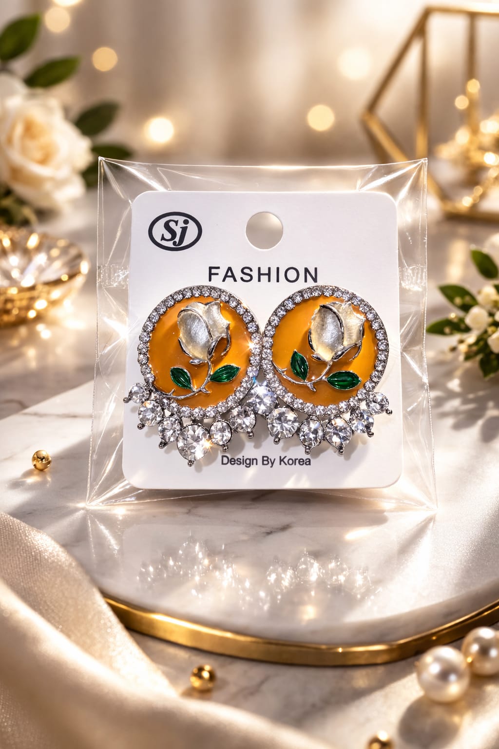Vintage-Style Crystal Rose Stud Earrings – Elegant Enamel Flower Earrings with Rhinestone Halo – Korean Fashion Jewelry for Women – Black & Silver Floral Accessories