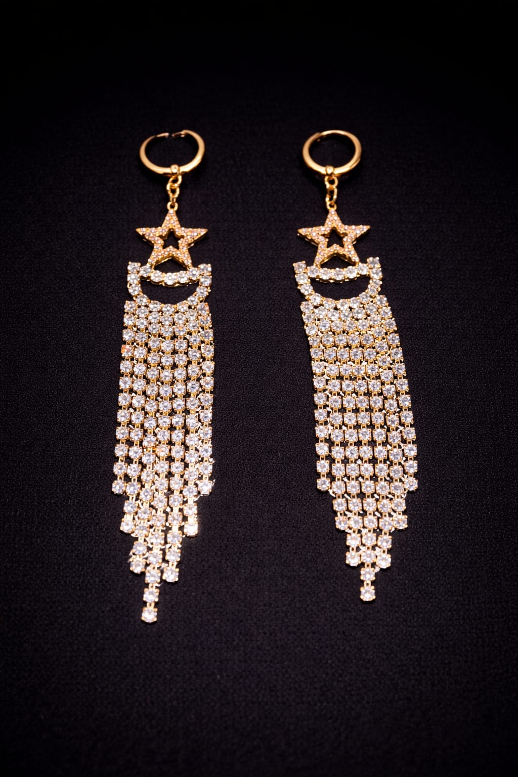 Gold-Plated Star and Crescent Moon Dangle Earrings for Women – Long Crystal Tassel Drop Earrings – Sparkling Rhinestone Celestial Jewelry – Elegant Wedding & Party Statement Earrings