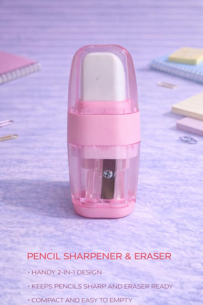 2-in-1 Dual Action Pencil Sharpener & Eraser – Compact Pink Desk Essential