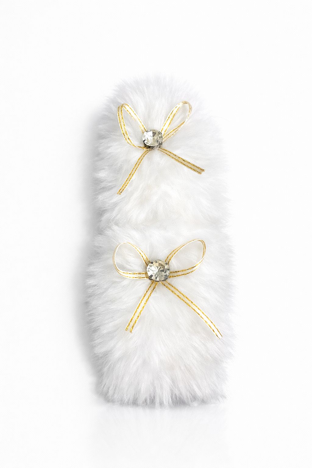 Luxury Faux Fur Winter Hair band– Soft White Plush Barrette with Crystal Gold Bows