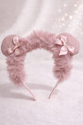 Girls' Pink Faux Fur Headband – Fluffy Bear Ear Hairband with Lace and Satin Bows – Soft Plush Animal Ear Headpiece – Boutique Winter Accessory for Kids