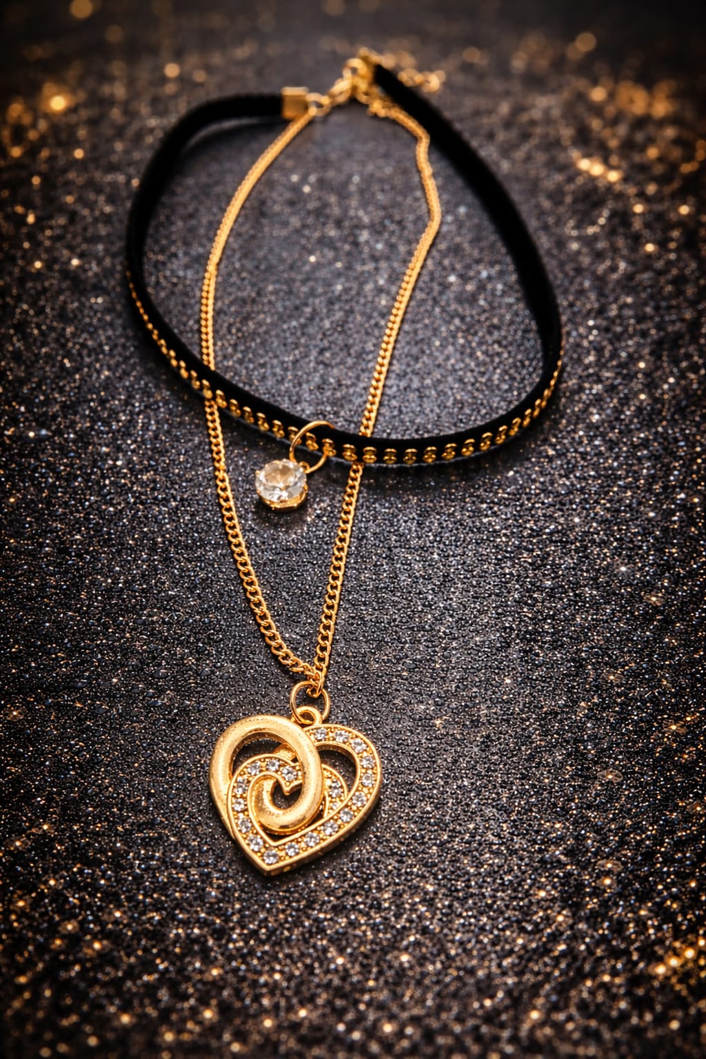 Luxury Heart Design Gold Finish Necklace with Crystal Pendant
