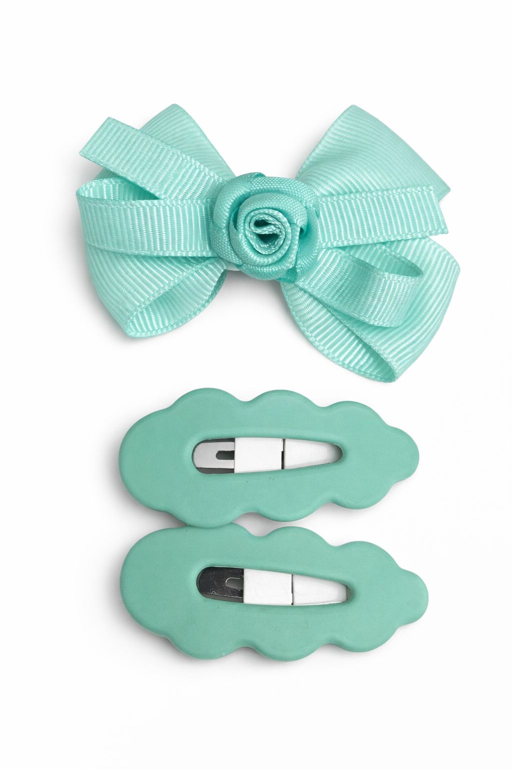 Mint Rosette Bow & Scalloped Snap Clip Set – 3-Piece Boutique Hair Accessory Bundle