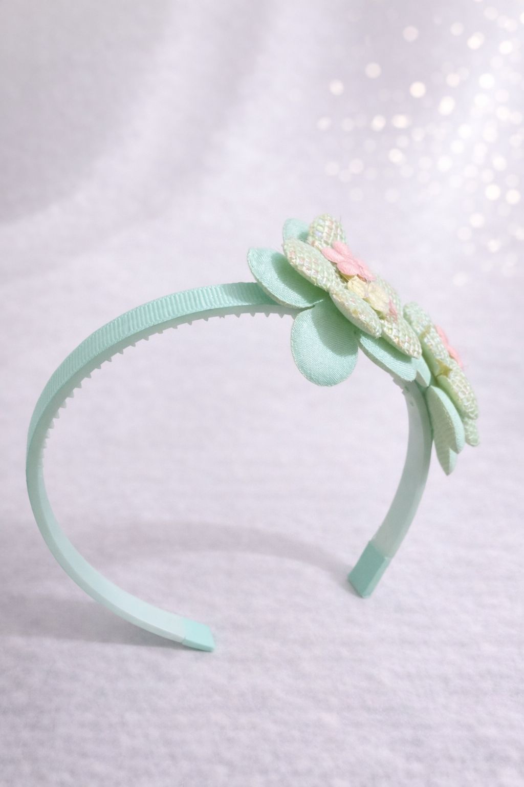 Girls' Mint Green Floral Headband – Pastel Green Flower Hairband with Pink Accents – Spring Garden Alice Band – Trendy Mint Hair Accessory for Kids and Toddlers