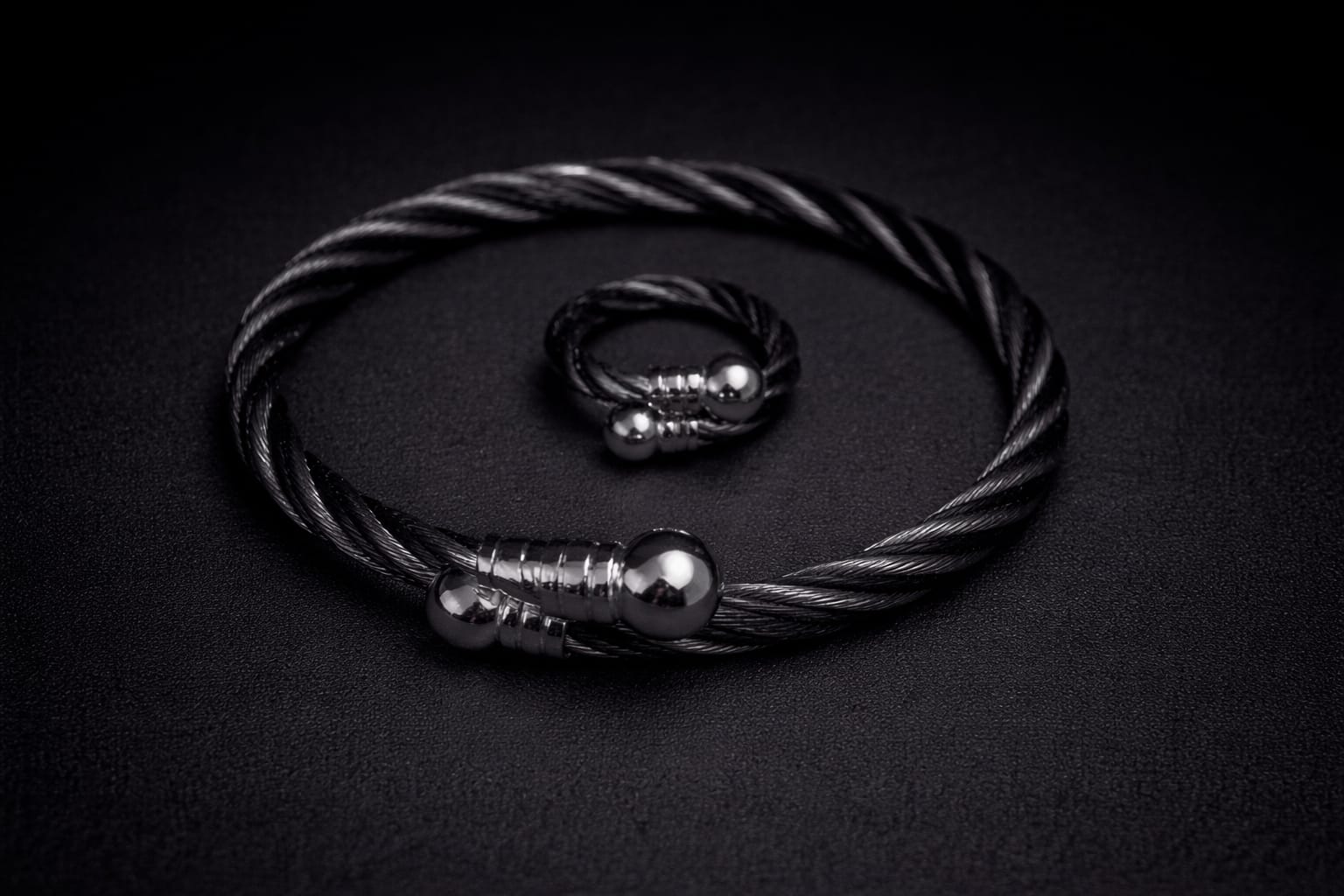 Industrial Chic Cable Cuff & Ring Set – Metallic Charcoal Twisted Wire Jewelry – Modern Minimalist Accessory Set