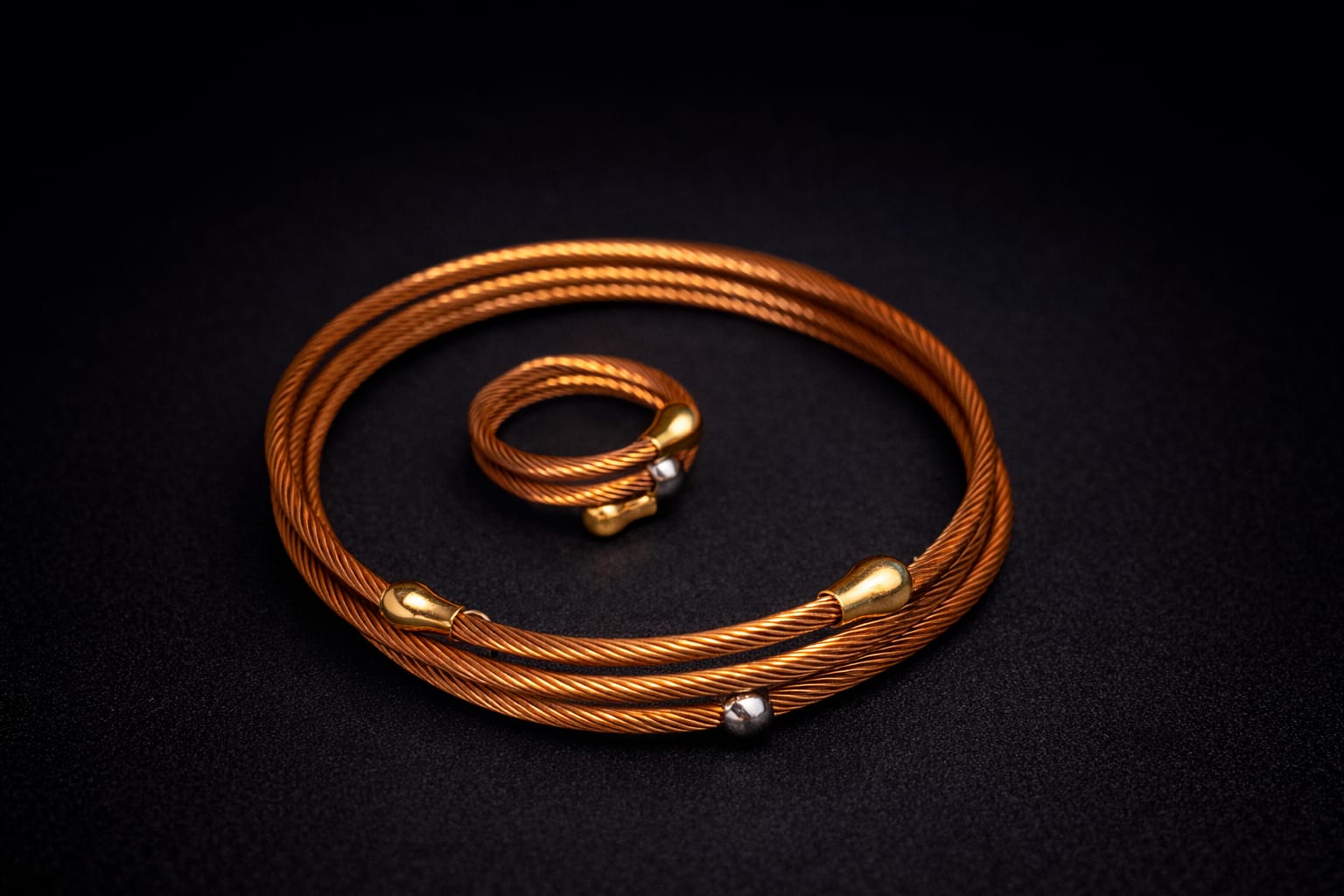 Industrial Chic Cable Cuff & Ring Set – Metallic Charcoal Twisted Wire Jewelry – Modern Minimalist Accessory Set