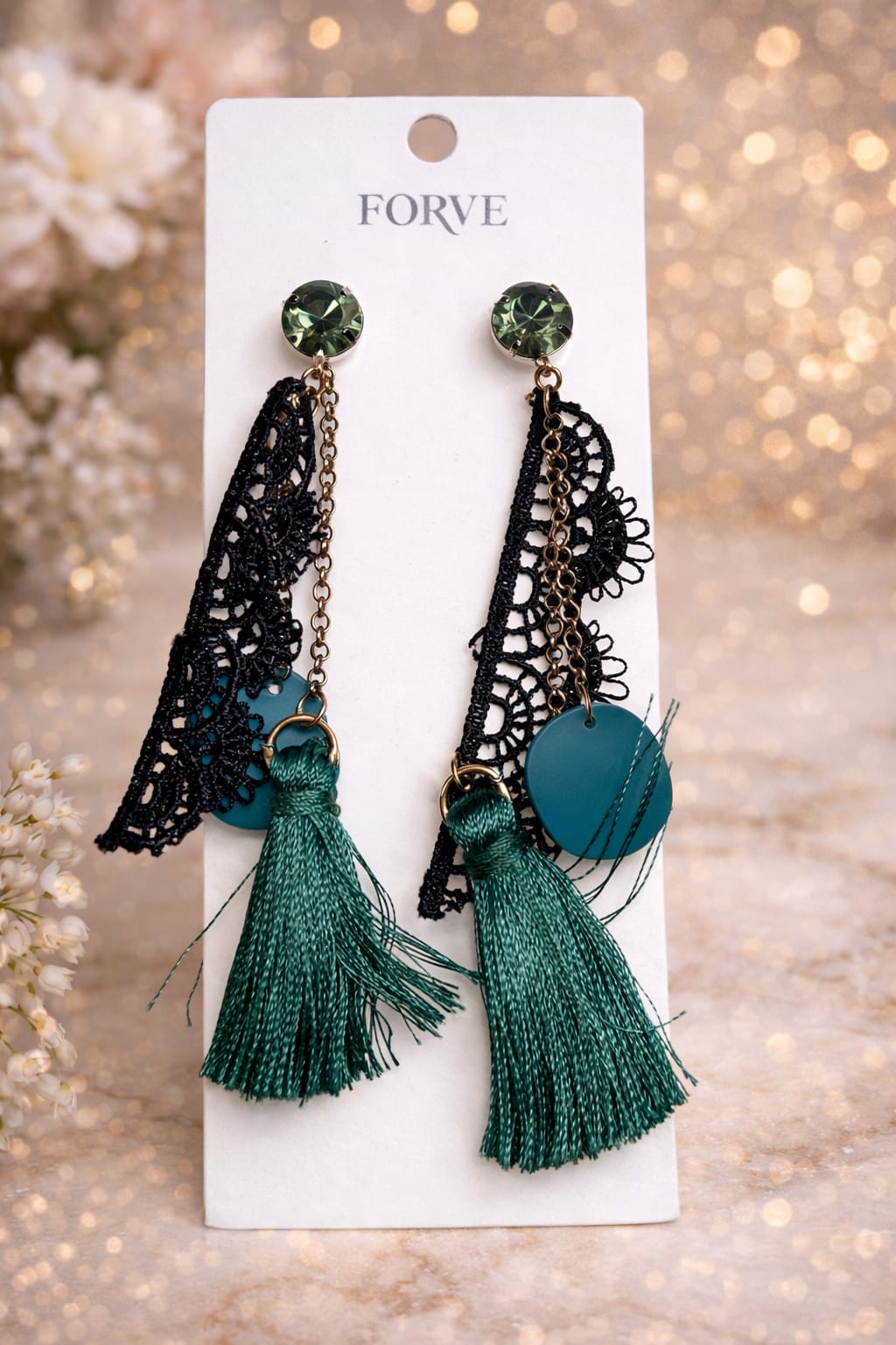 FORVE Emerald Lace Tassels: Bold, Artistic, and Enchanting Statement Earrings!