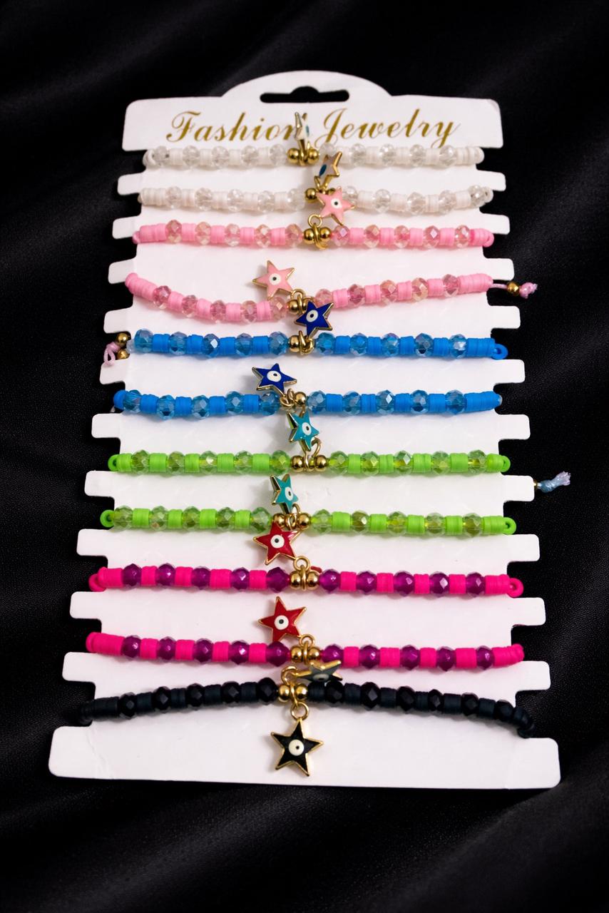 Kids' Colorful Beaded Bracelet (Per Piece) – Adjustable Star & Evil Eye Charm Bracelet for Girls – Multi-Color Party Favor