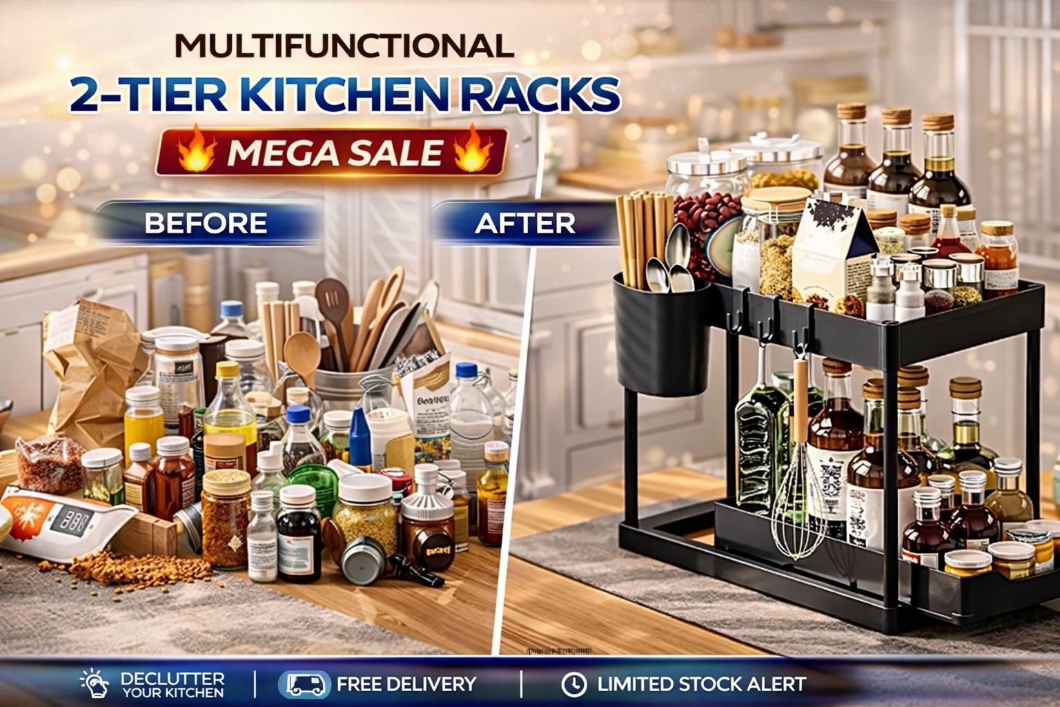 Multifunctional 2-Tier Kitchen Organizer Rack – Ultimate Space-Saving Storage