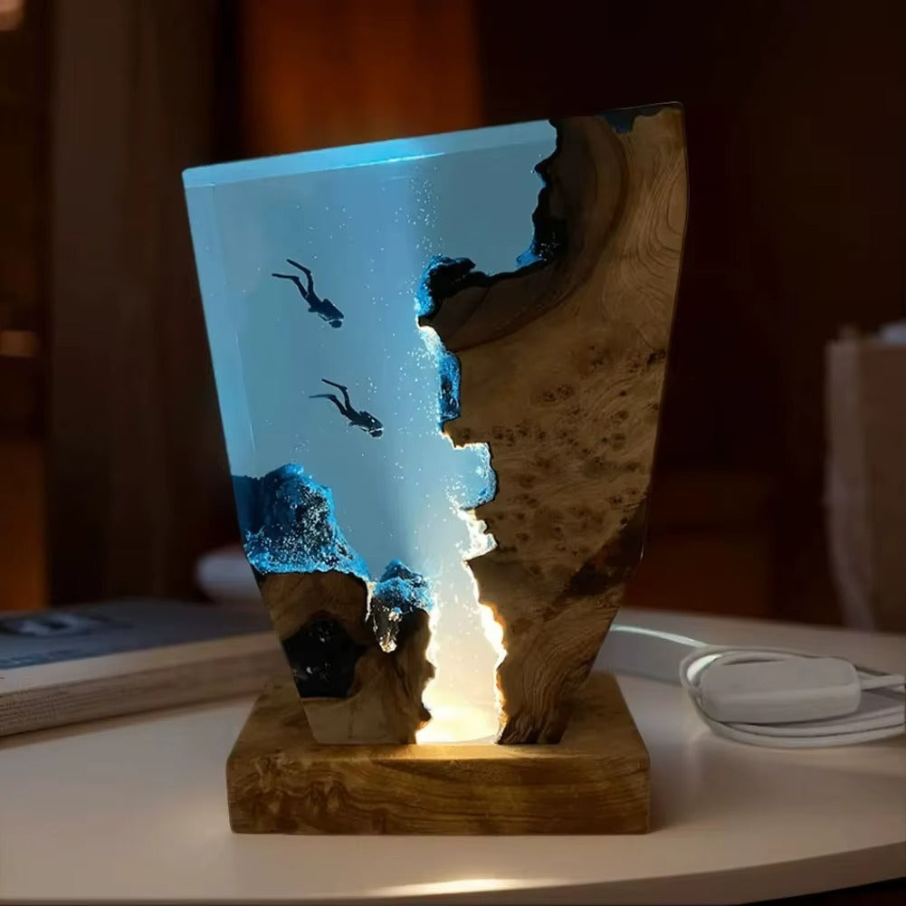 Handcrafted Deep Sea Diver Wood & Resin Night Light – Artistic Ocean Epoxy Lamp