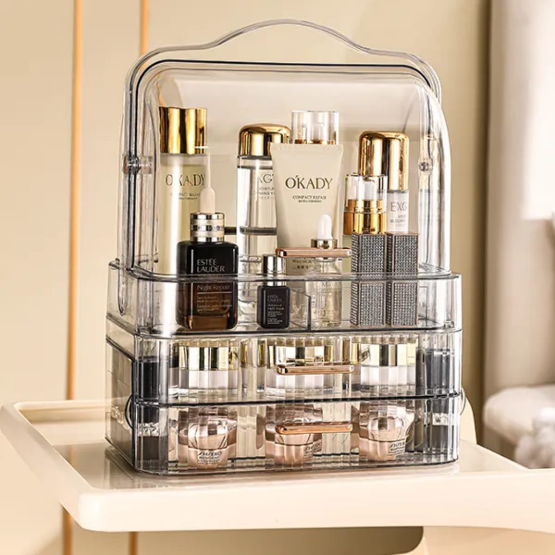 Luxury Acrylic Makeup & Skincare Organizer – Large Capacity Dust-Proof Vanity Storage Box