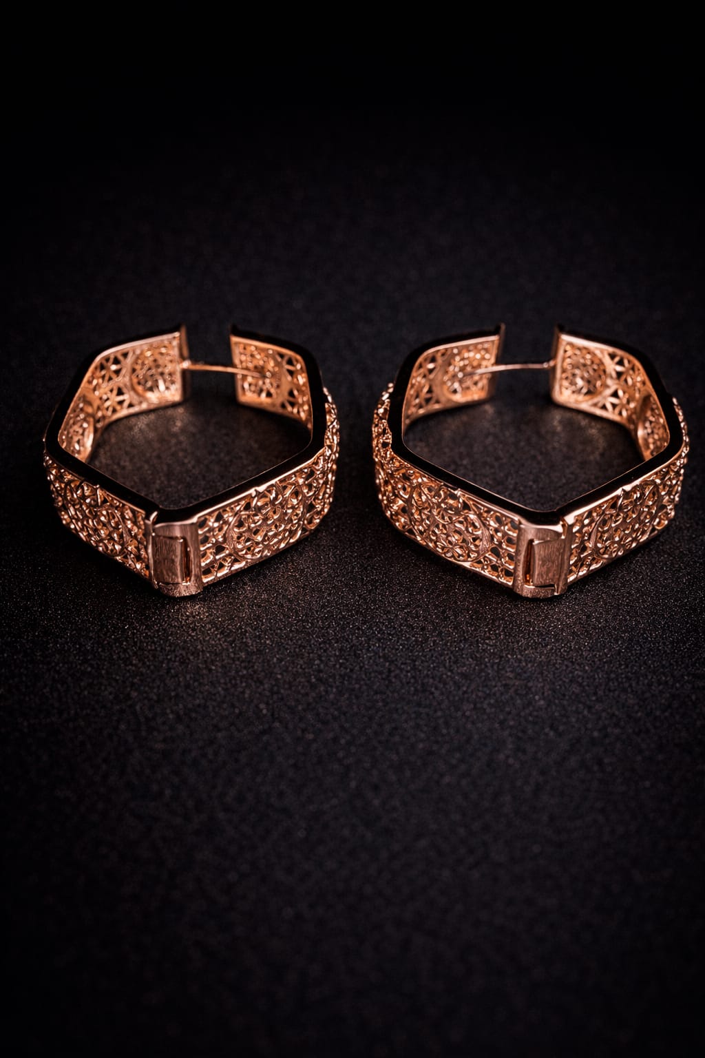 Geometric Rose Gold Filigree Hoops – Vintage-Inspired Hexagon Statement Earrings with Intricate Lattice Design