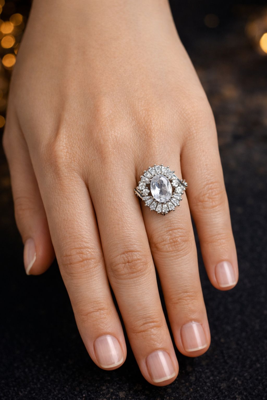 Oval Crystal Statement Ring – Sparkling Clear Zirconia Halo – Elegant Gold-Tone Banquet Ring for Women