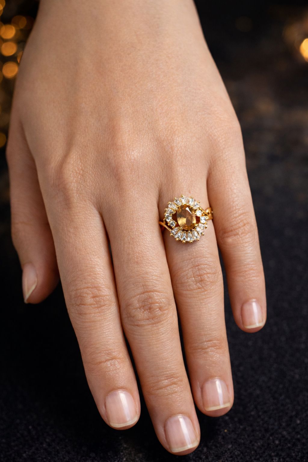 Oval Crystal Statement Ring – Sparkling Clear Zirconia Halo – Elegant Gold-Tone Banquet Ring for Women