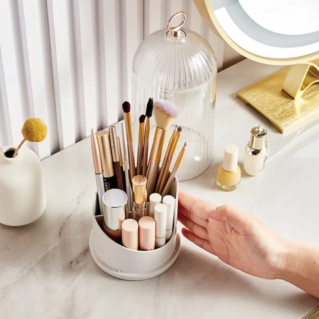 Makeup Brush Holder Storage Box 360 Rotating Cosmetic Storage Box With Cover Lipstick Eyebrow Pencil Storage Rack
