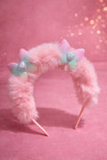 : Girls' Pink Faux Fur Headband – Fluffy Winter Hairband with Iridescent Butterflies – Plush Puffy Statement Headpiece – Cozy Heart-Gem Boutique Accessory for Kids