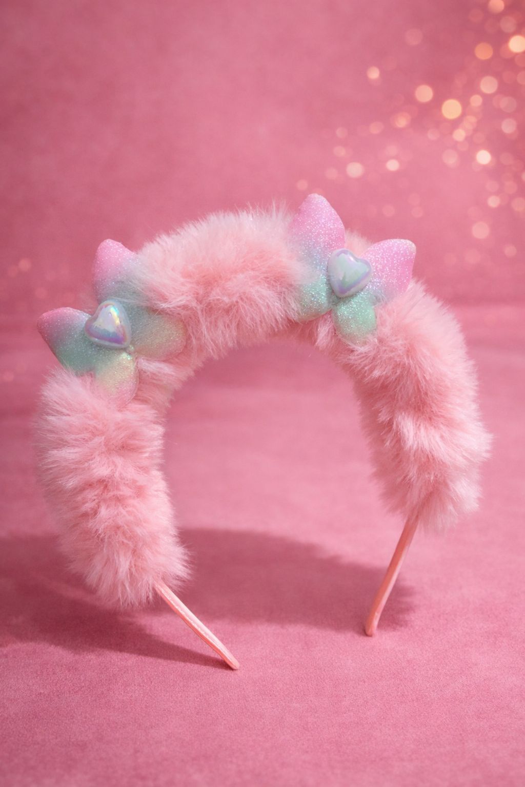 : Girls' Pink Faux Fur Headband – Fluffy Winter Hairband with Iridescent Butterflies – Plush Puffy Statement Headpiece – Cozy Heart-Gem Boutique Accessory for Kids