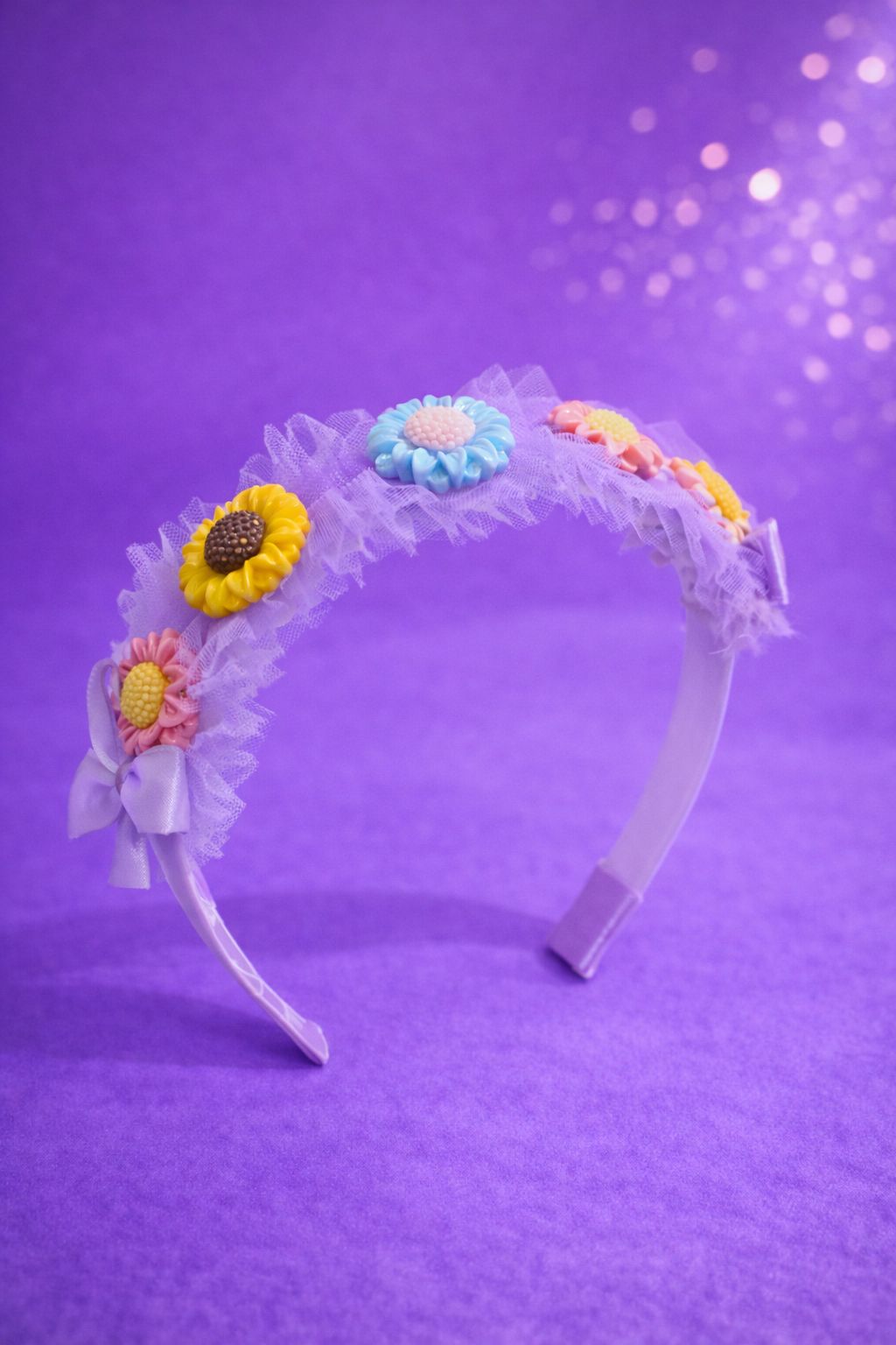 Girls' Floral Headband – Purple Ruffled Tulle Hair Accessory – Colorful Daisy Garden Tiaras for Toddlers and Kids