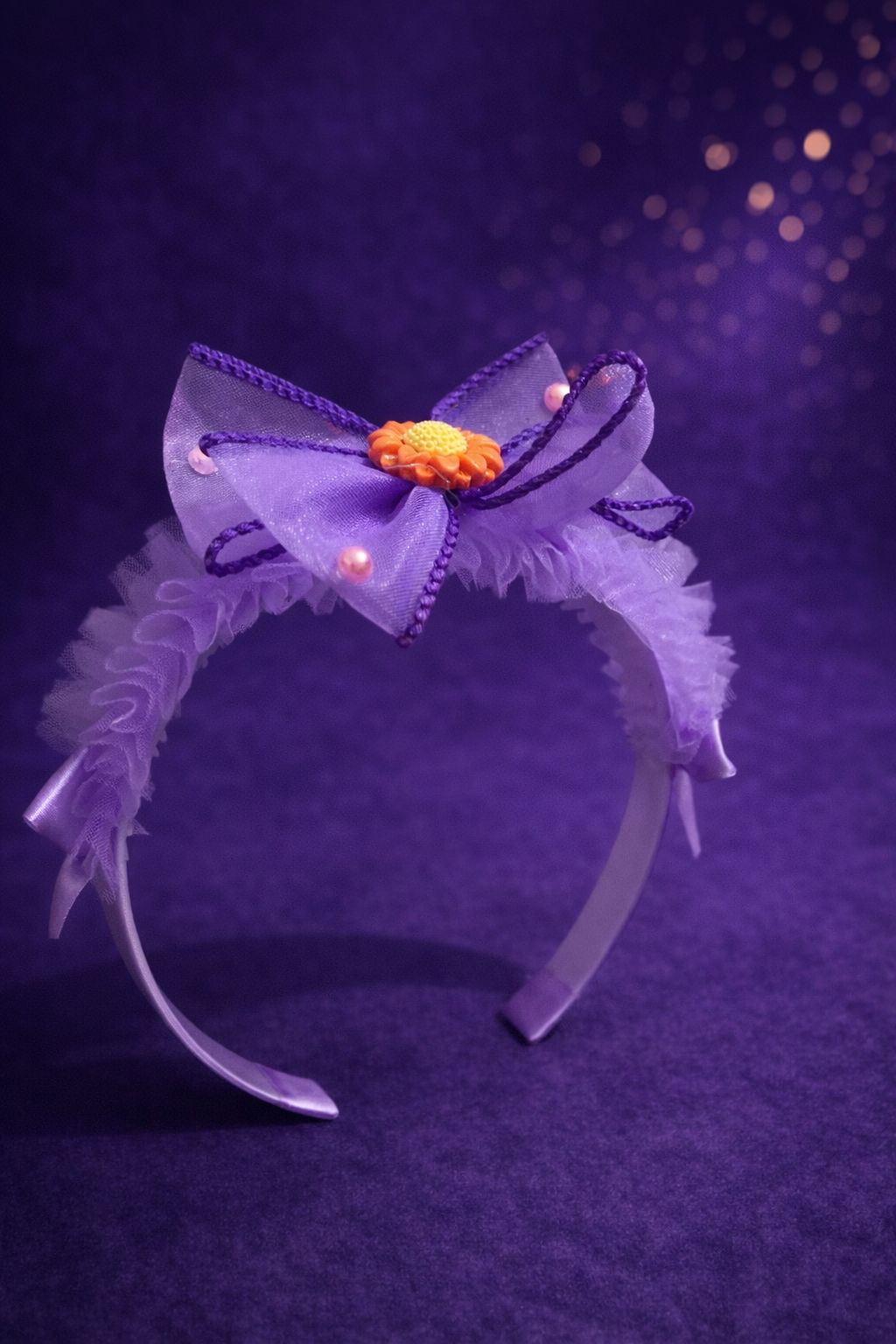 Girls' Purple Bow Headband – Ruffled Tulle Hair Accessory with Floral Center – Fancy Lilac Mesh Headband for Toddlers and Kids