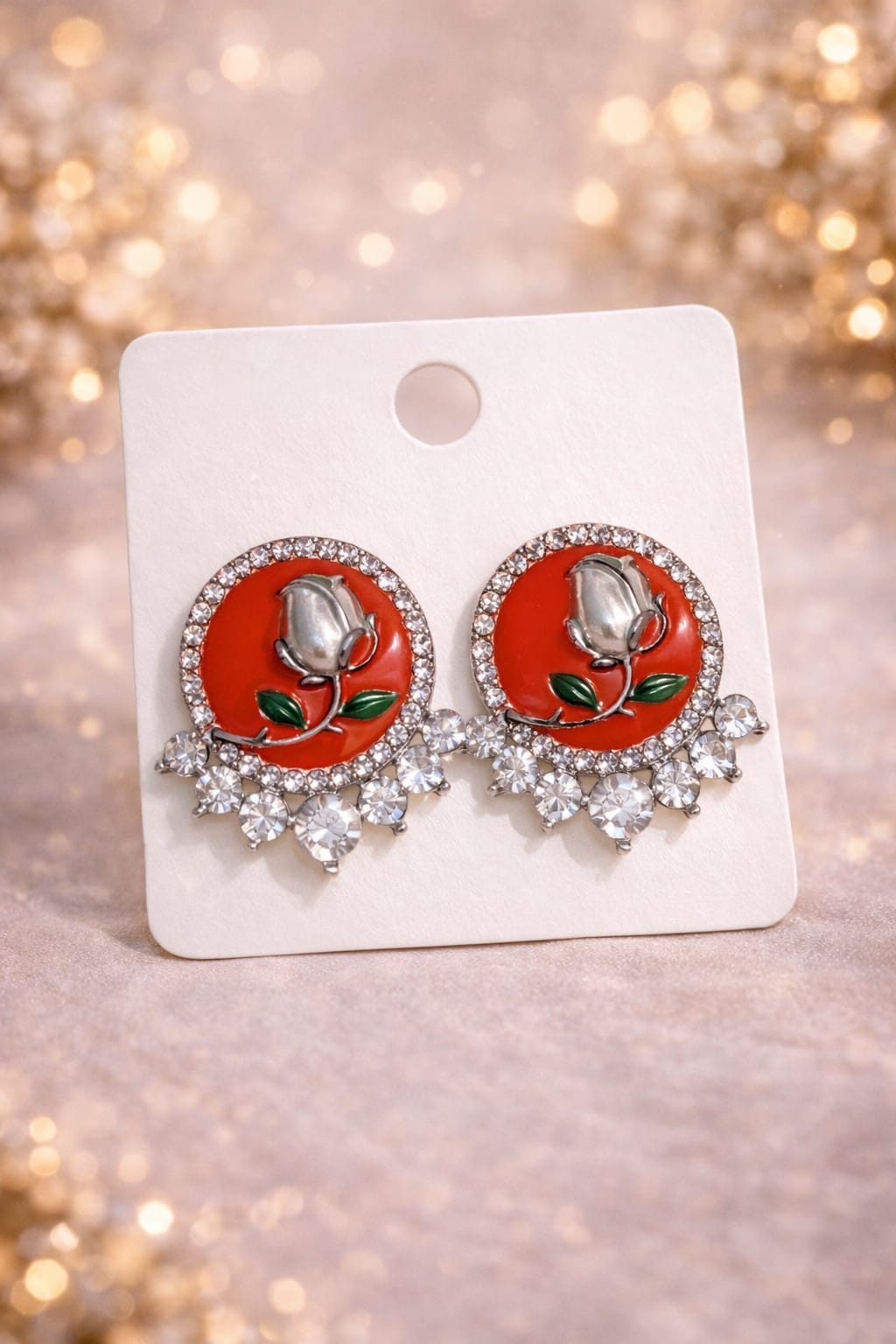 Vintage-Style Crystal Rose Stud Earrings – Elegant Enamel Flower Earrings with Rhinestone Halo – Korean Fashion Jewelry for Women – Black & Silver Floral Accessories