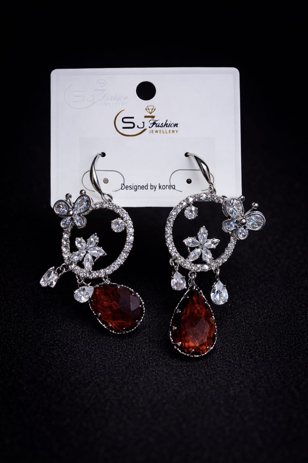 Enchanted Garden Crystal Drops – Pink Teardrop & Butterfly Filigree Earrings – Luxury Statement Jewelry for Women