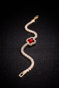 Crimson Clover Crystal Bracelet: Elegant Gold & Ruby Sparkle for Every Occasion!