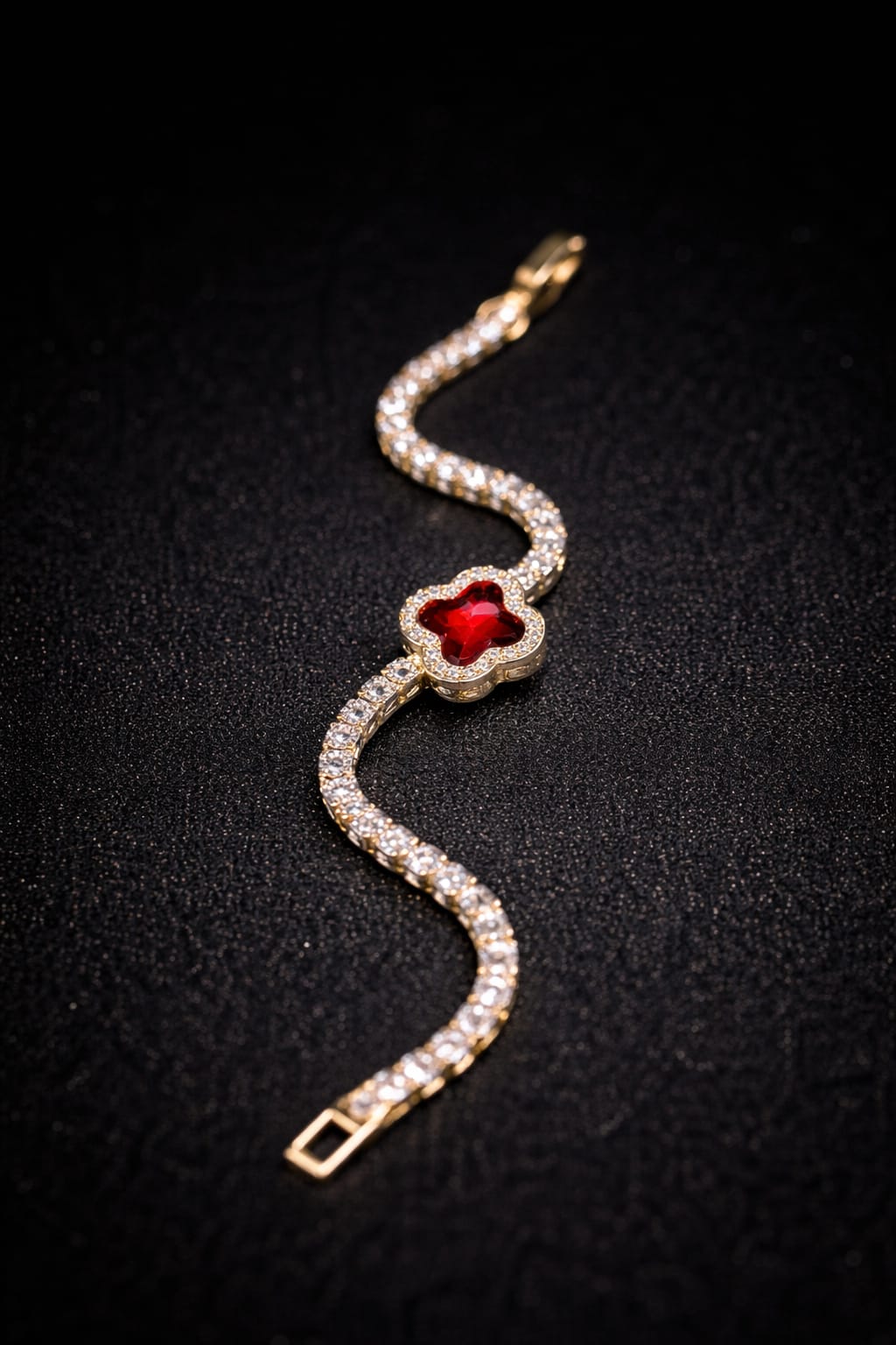 Crimson Clover Crystal Bracelet: Elegant Gold & Ruby Sparkle for Every Occasion!