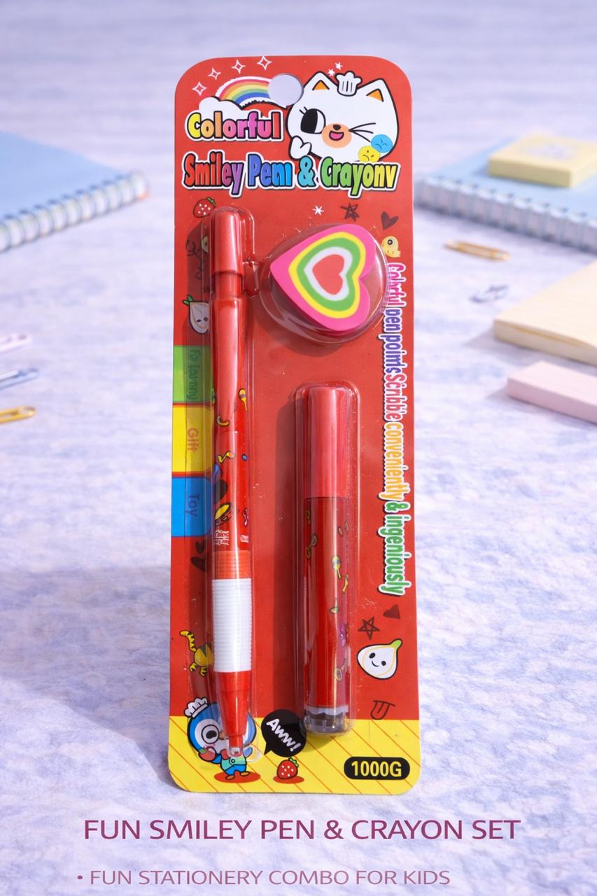Colorful Smiley Pen & Crayon Set – Fun 3-Piece Kids' Stationery Combo